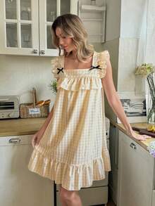 SHEIN Women's Fresh & Cute Plaid Square Collar Ruffle Hem A-Line Nightgown - Yellow - View 1