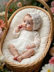 SHEIN 女婴洗礼服，圣诞蕾丝公主裙，配同款蕾丝帽，女婴摄影服装 - 白色 - 查看 6