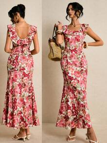 Poéselle Women's Floral Print Ruffle Hem Backless Fitted Dress - Multicolor - View 1