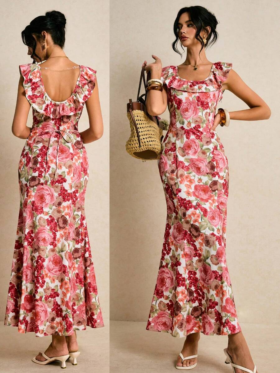 Poéselle Women's Floral Print Ruffle Hem Backless Fitted Dress - Multicolor - View 1