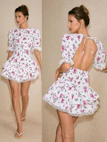 Poéselle Women's Floral Print White And Pink Summer Cottage Core Mini Dress,Puff Sleeve Backless Ruffle Hem Dress For Brunch,Wedding Guest Graduation Outfits - White - View 2