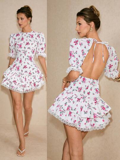 Poéselle 女士印花圆领泡泡袖荷叶边露背时尚迷你连衣裙