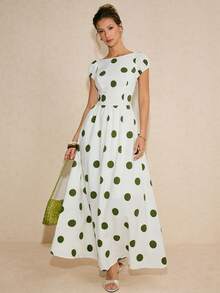 Poéselle 女士波点印花船领露背休闲连衣裙 - 綠色 - 查看 5