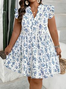SHEIN CURVE+ Abito da vacanza con balze e stampa floreale per donne taglie forti - Blu - Visualizzare 3
