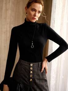 MOTF PREMIUM MINIMALIST COTTON BLEND TURTLENECK LONG SLEEVE FITTED T-SHIRT, SPRING/AUTUMN/WINTER - Black - View 7