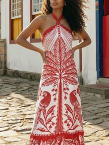 CAJUNI Women's Casual Palm Tree Print Halter Neck Vacation Dress - Red and White - View 6