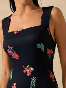 CAJUNI 女士方领修身优雅鸡尾酒会水果印花针织连衣裙 - 黑色 - 查看 7