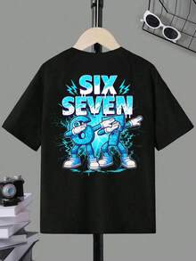 SHEIN 男童休闲时尚创意个性清新高端简约数字67卡通人物闪电标语印花宽松基础款短款T恤，舒适日常穿着，适合春、夏、秋季穿着。 - 黑色 - 查看 3