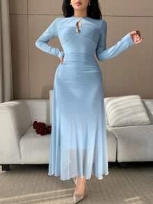 DAZY Vestido Midi Elegante Feminino de Cor Sólida com Recortes Vazados e Pregas, Vestido de Convidada de Casamento Primavera/Verão Vestido Longo Vestido Casual - Azul - Visão 1