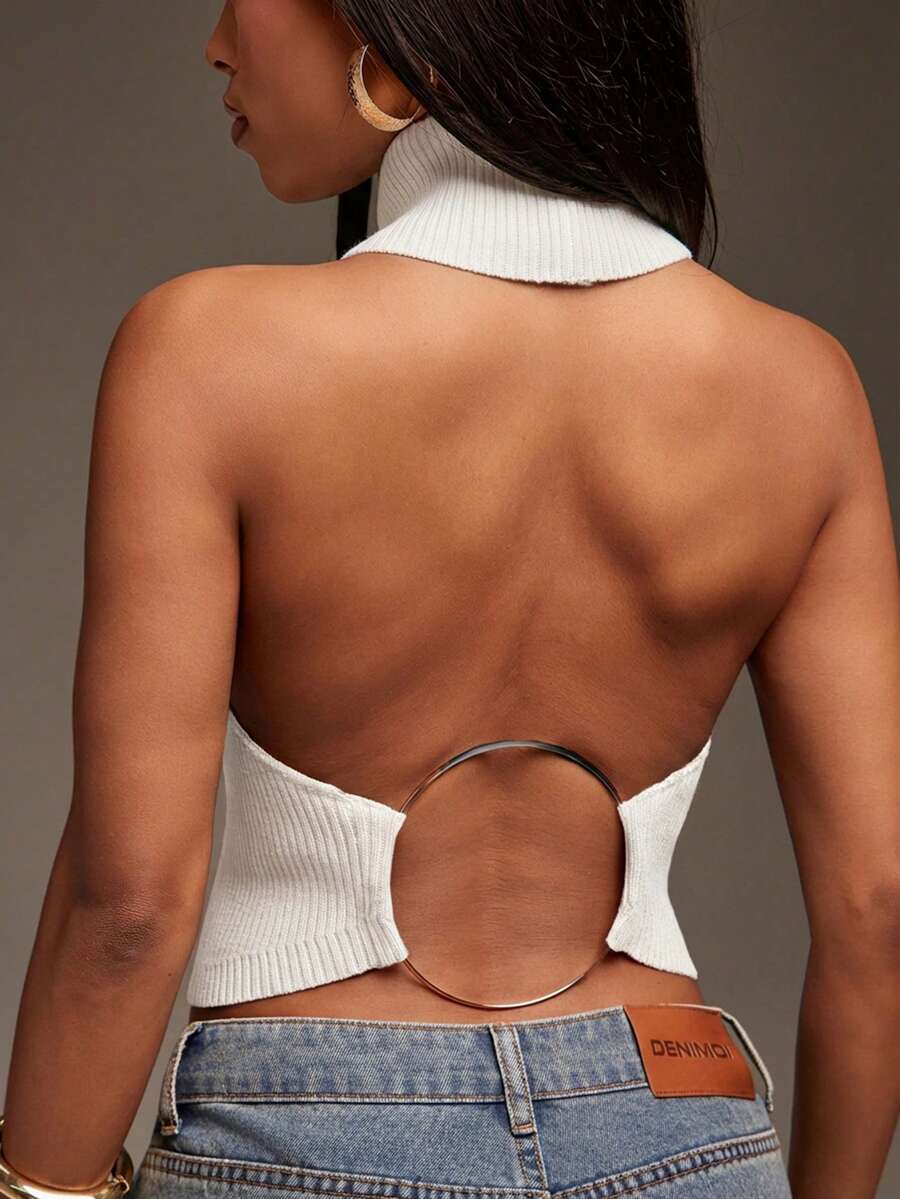 Denimoi Suéter sin mangas con cuello alto y anillo en O, Top de suéter, Top sin espalda, Suéter de cuello alto - Blanco - Ver 1