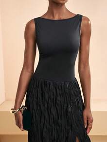 Zivah 2026 Spring/Summer Elegant New Arrival Sleeveless Backless Black Long Dress,Pleated Fabric Hem Evening Gown - Black - View 7