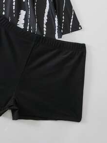 2026Swim Lushoire Women's 2-Piece Set:Black Watercolor Stripe & Tie-Dye Bow Front Dress + Shorts,Summer Casual Vacation Holiday Tummy Control Tankini - Black - View 7