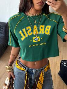 Coolane 夏季女装大码情侣同款街头风返校季棉质条纹纹理装饰大码绿色露脐短款针织T恤 - 綠色 - 查看 6