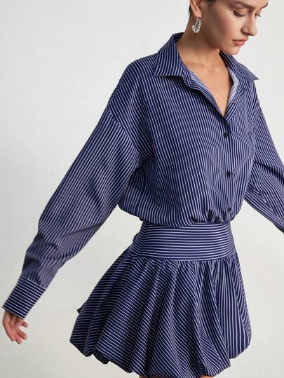 Aveloria Modichic Navy Contrast Striped Shirt Dress, Fine Stitching Craftsmanship, Casual Collegiate Style, Suitable For Daily Wear, Campus Activities, Casual Dates, Collared Design, Wide Waistband Element, Waist-Slimming Feature, A-Line Dress, Soft Fabric. Key Fashion Keywords: Striped Dress, Long Sleeve Shirt Dress, Retro Style, Versatile Item, Lightweight, Babydoll Silhouette, Casual Chic, Waist-Defining, Street . European And American Style Spring/Summer New Fashionable Versatile Striped Design Waist-Cinching Elegant Long Sleeve Dress Women Shirt Dress Striped Blouse Stripe Shirt Women Shirts And Blouses Shirt And Skirt Set