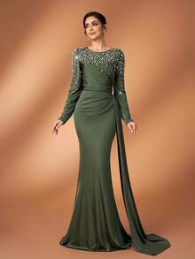 Serin Elegant Luxurious Diamond Rhinestone Elastic Knit Ruched Mermaid Skirt With Side Slit, Suitable For Weddings, Parties, Vacations, Galas, Holidays, Mother Of The Bride Evening Gowns - Army Green - View 7