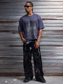 AXEPEAK Men's Graphic T-Shirt, Knitted Sweatshirt, Letter Pattern, White Pearl Embellishment, Loose Short-Sleeved T-Shirt. - Grey - View 3