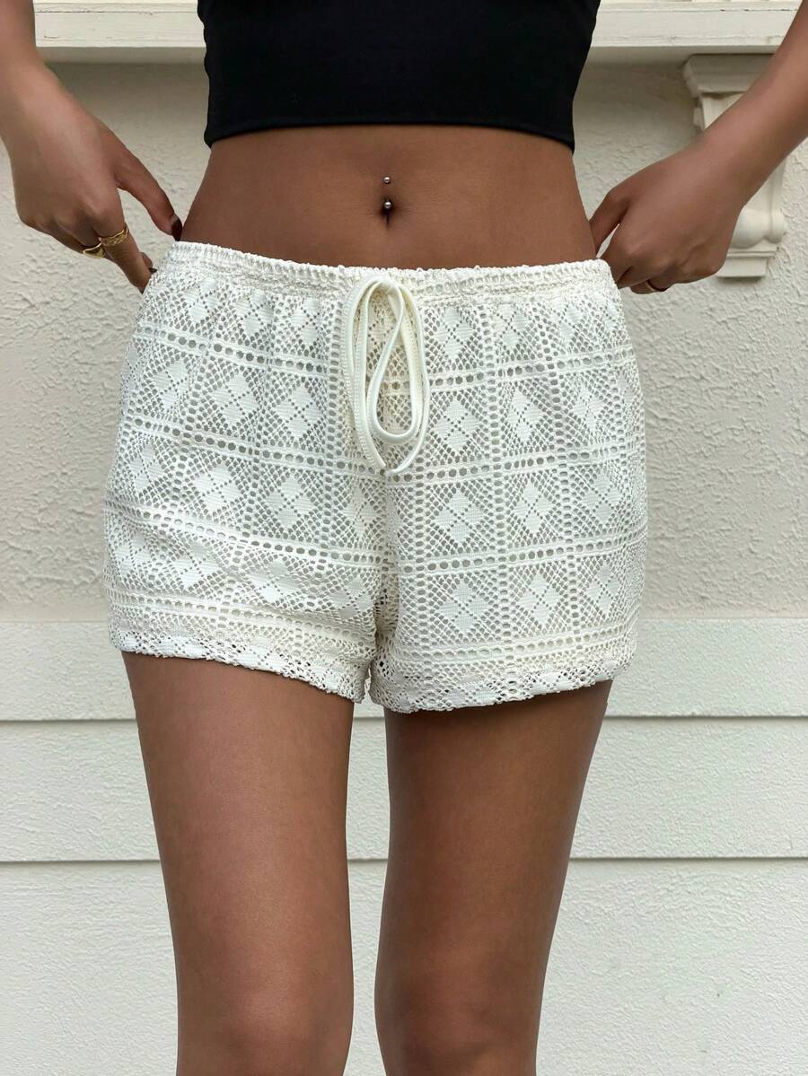 Muchica 女士夏季沙滩度假抽绳腰带，镂空针织提花休闲百搭日常短裤，女士假日必备 - 杏色 - 查看 1