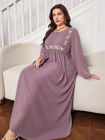 Al Najma Elegant Embroidered Lace Trim Solid Color Chiffon Long Sleeve Plus Size Women's Arabic Maxi Dress, Suitable For All Occasions In Spring And Summer