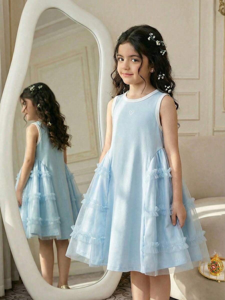 SHEIN Young Girl Heart Print Contrast Mesh Frill Trim Sleeveless Cute Dress - Baby Blue - View 1