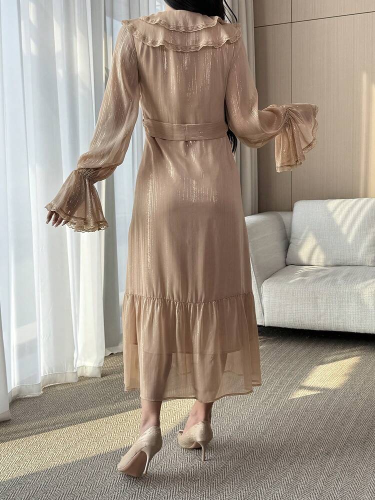 Ruffled Flare Sleeve Waist Cinched Mid-Length Dress For Women Wedding Guest Dress Sundress