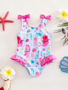 SHEIN Cute Baby Girl Stretch Knit Camisole With Playful Print - One-Piece Swimsuit - Blue - View 4