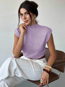 Firerie 优雅高领宽松休闲百搭无袖针织背心，适合外出穿着，秋冬季校园上衣 - 淡紫色 - 查看 3