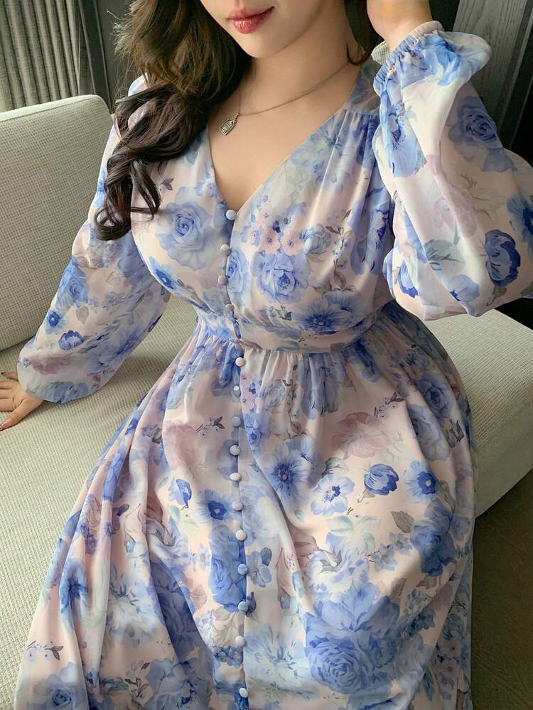 Dazy Plus Plus Size Women Elegant Floral Print Chiffon Maxi Dress With Lantern Sleeves, Blue, Spring/Summer Vacation Style Sundress Boho