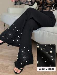 Modelyn Pantalones acampanados de estilo casual y elegante con perlas para mujer, color negro - Negro - Ver 5