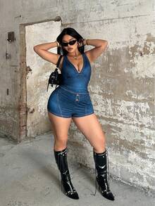 Sunspun 2件套牛仔数码印花针织弹力紧身性感吊带背心和迷你短裤 - 藍色 - 查看 5