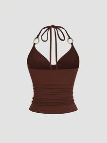 Sweetra 新款 Y2K 金属环装饰通勤百搭垂褶领带女式背心 - 鏽棕色 - 查看 2