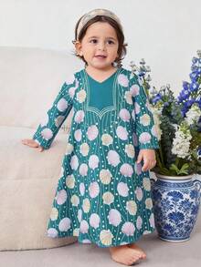 SHEIN Babygirl Elegant Floral Print Long Sleeve Dress, Lovely & Charming In Pink - Multicolor - View 8