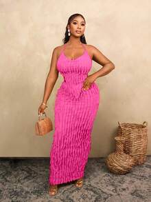 BamGleam Bộ đồ 2 mảnh áo hai dây vạt lệch màu trơn cho nữ, trang phục đi nghỉ mát, kỳ nghỉ hè, trang phục đi nghỉ cho nữ, kỳ nghỉ, trang phục đi nghỉ cho nữ, mùa xuân/hè, váy hồng đậm, váy maxi ôm sát cho nữ, váy dệt kim quyến rũ, váy móc len - Màu Hồng Tươi - Xem 4