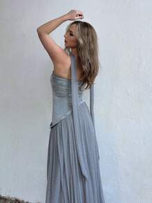 Jeta Ari Solid Color Women's Elegant Strapless High Slit Fitted Maxi Party Dress, Elegant Strapless Flowy Maxi Dress, Party Mini Sequin Dress, Birthday Dress, Nightclub Party,  Date Night, Going Out Dress,Valentine's Day,Valentine Outfits For Women - Silver - View 2