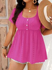 EMERY ROSE Camiseta de manga corta de talla grande, elegante, de unicolor y con bordado calado, para el verano - Rosa Fucsia - Ver 3