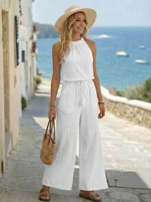 EMERY ROSE 女士纯色腰部流苏系带口袋阔腿休闲连体裤，时尚度假之选 - 白色 - 查看 1