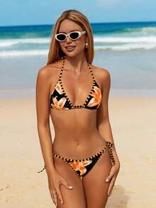 Swim Mod Women's New Floral Print Spaghetti Strap Backless Top And Side Tie Swim Bottoms Sexy Bikini Set Set - Black - View 3