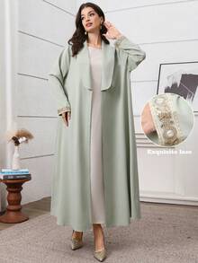 Al Najma Áo Abaya sang trọng, thanh lịch với cổ áo màu xanh lá cây, phối ren vàng, thích hợp cho các buổi đi chơi và hẹn hò. - màu xanh lá - Xem 4