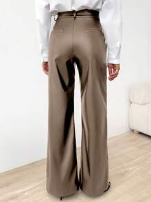 EURMUSE Quần giả da dáng rộng, cạp cao, khóa kéo, sang trọng - Màu nâu  Mocha - Xem 2