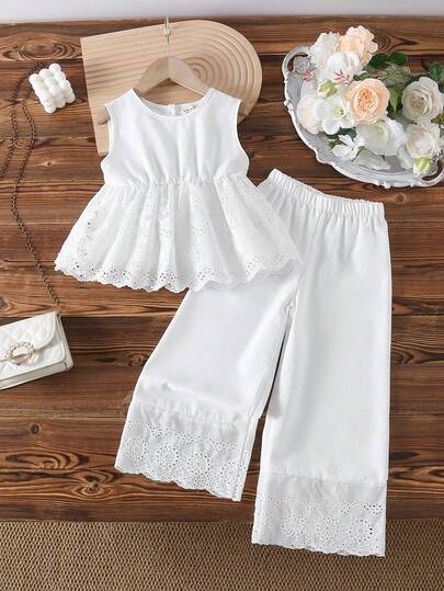 Elladie kids Young Girls Elegant Lace Patchwork Sleeveless Top Paired With Straight Leg Pants, Suitable For Casual Outings And Vacations Flare Pants Set Kids Young Girls Cami And Wide Leg Pants Set