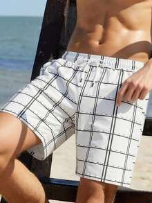 Manfinity RSRT Men's Summer Beach Style Printed Drawstring Waist Slant Pocket Loose Beach Shorts - White - View 1