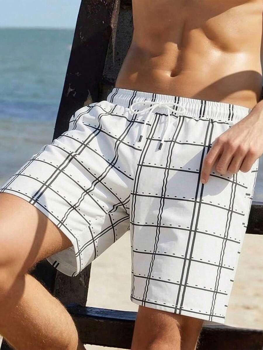 Manfinity RSRT Men's Summer Beach Style Printed Drawstring Waist Slant Pocket Loose Beach Shorts - White - View 1