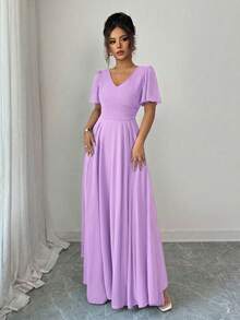 Elenzga Carnival Purple Ruffle Sleeve V-Neck A-Line Dress, Elegant & Romantic - Mauve Purple - View 6