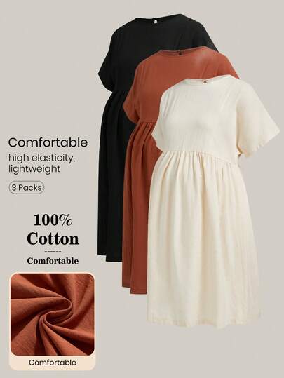 Modmama Maternity Casual Solid Color Minimalist Round Neck Short Sleeve Dress Maternity Dress Casual Cotton Dresses Curve Maternity Clothes Curve Casual Dress Cottagecore Clothes