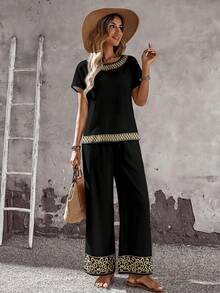 Rusticease 2pcs/Set Women Casual Geometric Retro Print Loose Fit Crew Neck Top And Pants, Versatile Outfit For Spring/Autumn - Multicolor - View 4