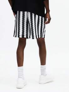 SUMWON 宽松版型梭织竖条纹篮球短裤，抽绳腰带，夏季休闲街头风家居服 - 黑與白 - 查看 5