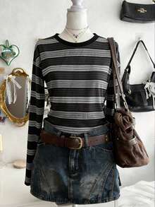 Lalippa Camiseta casual holgada de mujer de cuello redondo, hombros caídos y manga larga a rayas - Negro - Ver 1