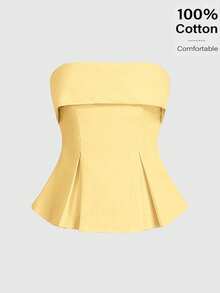 Siren Gaze 亚麻棉质抹胸荷叶边上衣：凸显腰线的波西米亚风职场装 | Old Money Elegance 2025 夏季新品发布 | 日夜转换与职场魅惑风格 - 黃色 - 查看 4