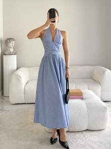 Siren Gaze Summer Spring Shirred Halter Tie Waist Striped Long Dress Women's Casual Long Dress, Minimalistic Fashion, Suitable For Daily Wear Women Solid Color Minimalist Halter Tie V-Neck Long Black Homecoming Dress Maxi Women Outfit Backless 2026 Spring/Summer New Music Festival, Easter, St. Patrick's Day, Valentine's Day, Date, Western, Nomadic, Birthday Party, Graduation, College, Student, Daily Casual, Basic Versatile, Leisure, Vacation, Cruise Travel, Beach, Sunbathing, Viral , Streetwear, Wedding Guest Boho, Commute, Brunch, Airport, Party, Holiday Outing, Office Wear, Halter Neck, Waist Tie, Backless, Striped Maxi Dress Women Striped Sleeveless Long Dress, Summer Summer Dresses For Women - Blue - View 5