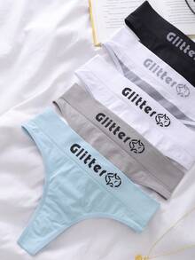 Lowkey Lull 5件套女士无痕丁字裤，简约字母设计运动内衣，塑身提臀 - 彩色 - 查看 1