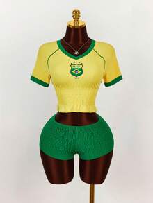Amplova 2pcs/Set Women's Crop Top And Skinny Shorts, Waist Cinched T-Shirt With Super Low-Rise Y2K Vintage Shorts, Suitable For Sports And Casual Wear, Brazilian Pattern Women's Shorts Sets Y2k Women Two Pieces Outfits Two Pieces Set Women Short Sleeve Football Outfit Women Jamaica Outfits Set Summer - Multicolor - View 3